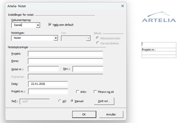 Screenshot af skabelon til Artelia