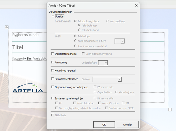Screenshot af tilbudsskabelon til Artelia