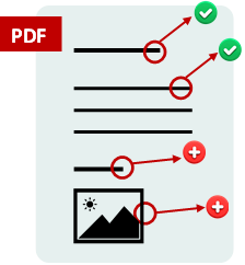 Illustration af PDF-dokument med markeringer, der viser korrekt og forkert brug ift. tilgængelighed i pdf.