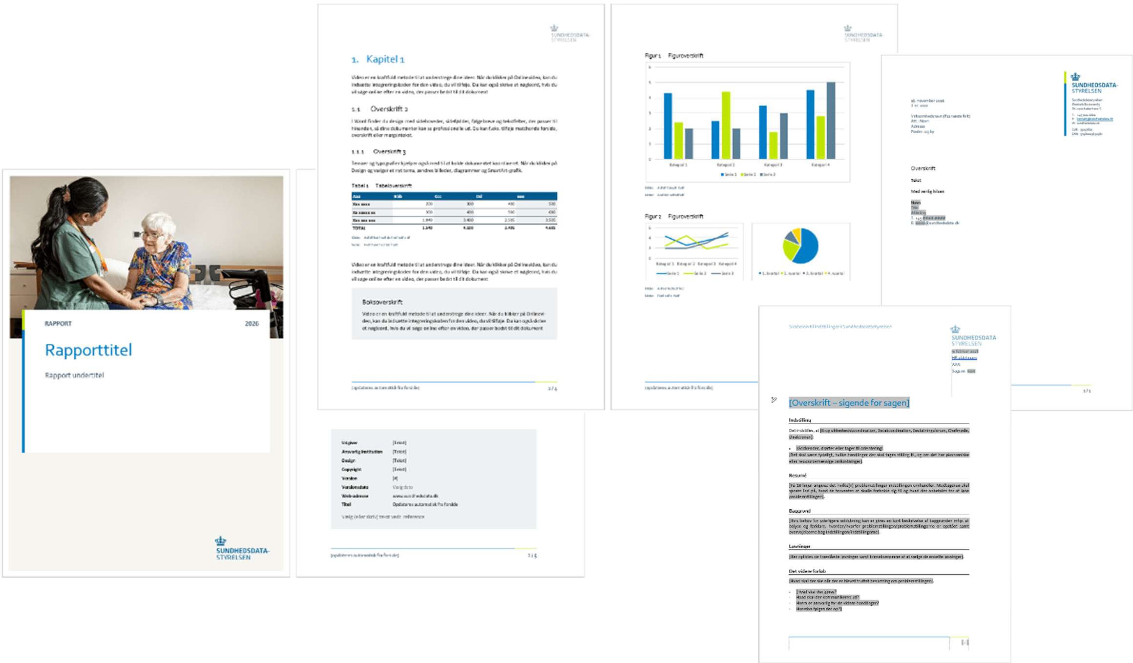 En kollage af skærmbilleder af Sundhedsdatastyrelsens skabeloner