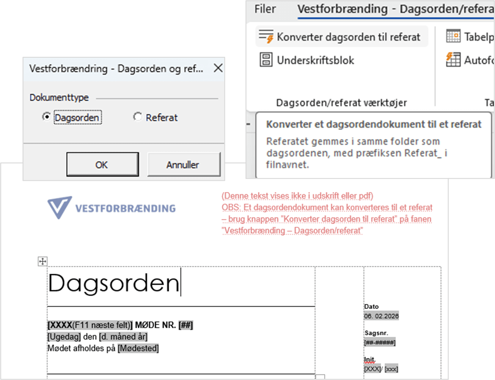 En kollage af skærmbilleder, der viser Vestforbrændings skabelonværktøjer