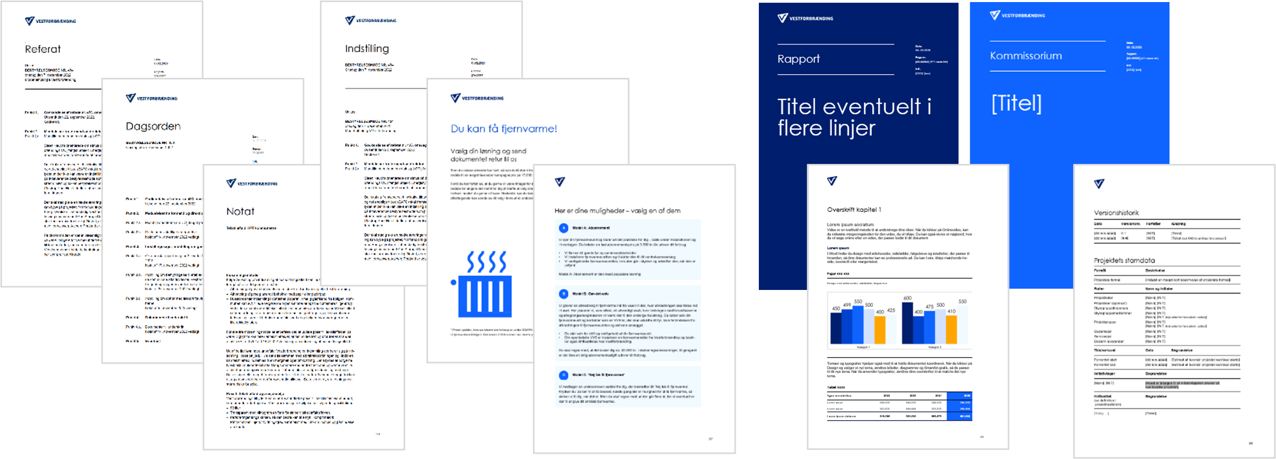 En kollage af skærmbilleder, der viser Vestforbrændings Word skabeloner