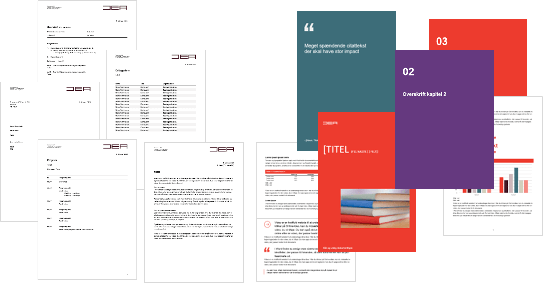 Kollage af skærmbilleder, der vilser DEAs skabeloner