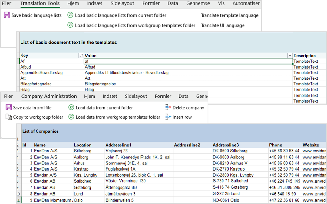 Grafisk fremstilling med udklip af skærmbilleder af Envidans Excel-skabelonløsninger