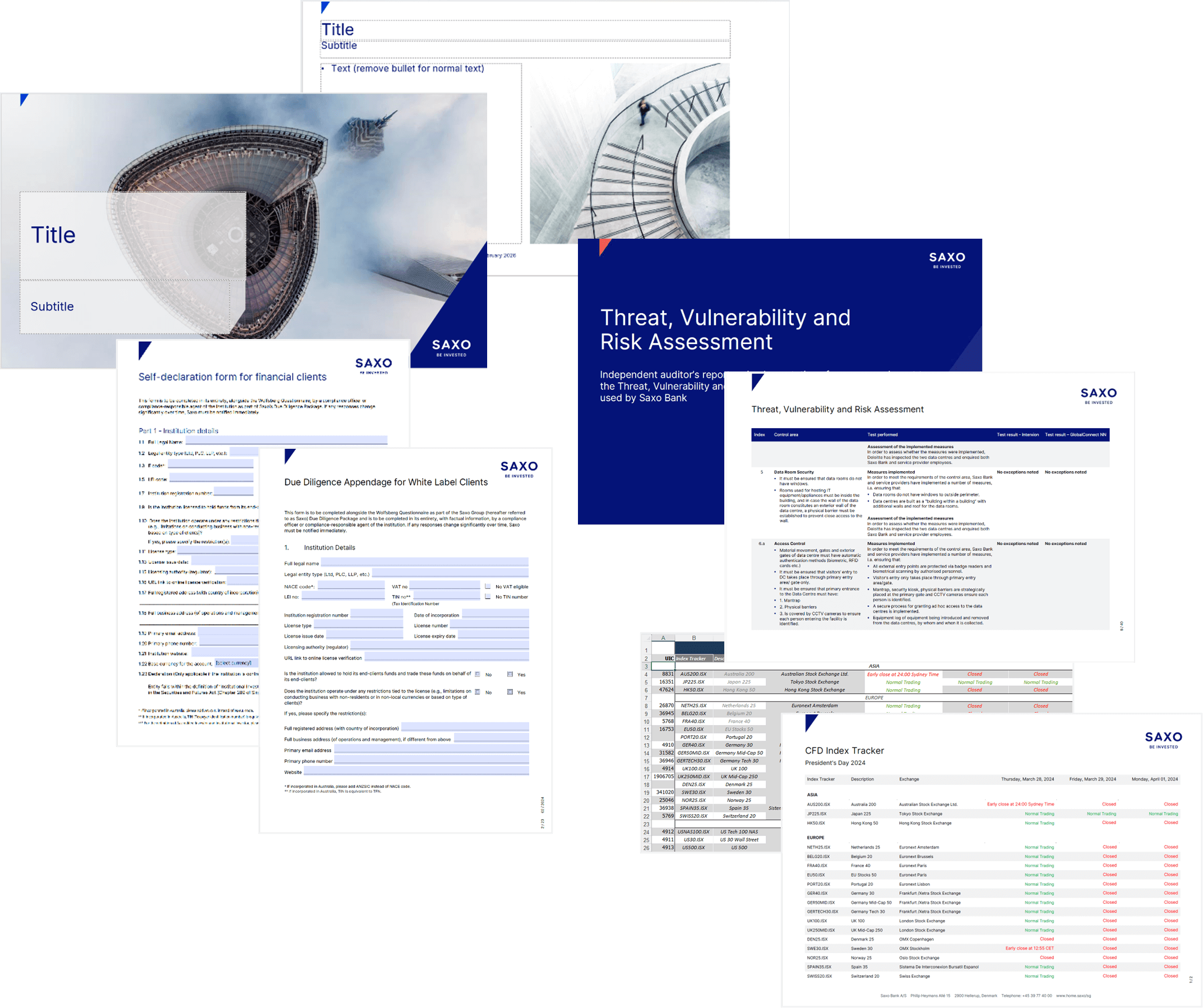 Kollage af skærmbilleder, der viser SAXOs skabelonløsninger